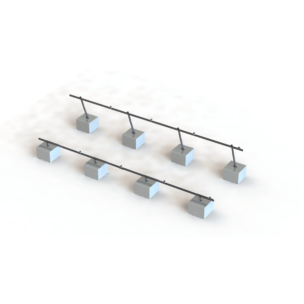 Sistema de Montaje Solar VEKTOR21 / Estructura Ajustable Aluminio AL6005-T5 / Patas Frontales y Ajustables / Bases Cemento Personalizables / Ángulos 10°-30° / Torque 11-13 Nm