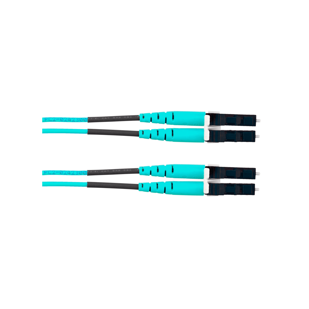 Jumper de Fibra Óptica Multimodo 50/125 OM4, LC-LC Duplex, OFNR (Riser), Color Aqua, 12 Metros (39.37 Pies)