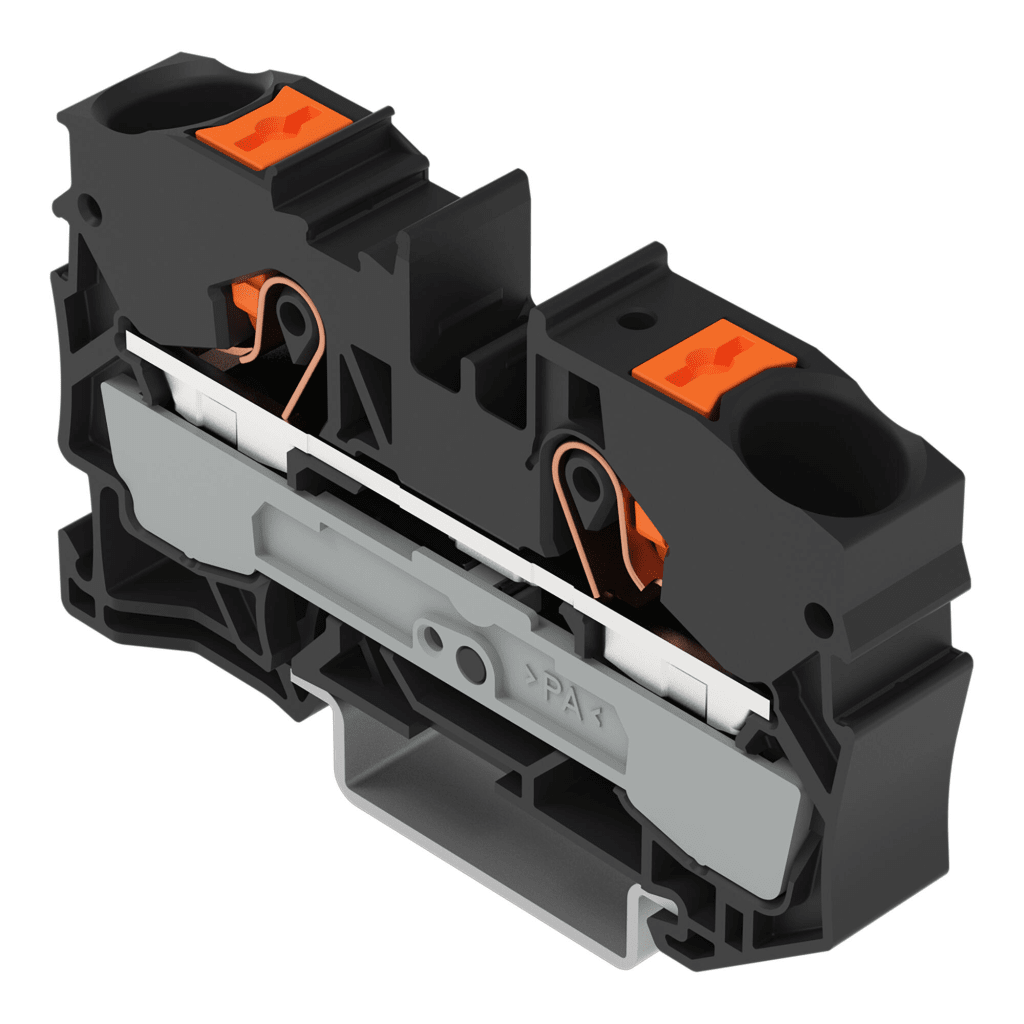 Borna de Paso Serie 2210 / Push-in CAGE CLAMP® / 2 Conductores 10 mm² / Tecla Naranja / Carril DIN 35x15 y 35x7.5 / Ex eb IIC Gb ATEX / 57A 800V / IP20 / Poliamida V0