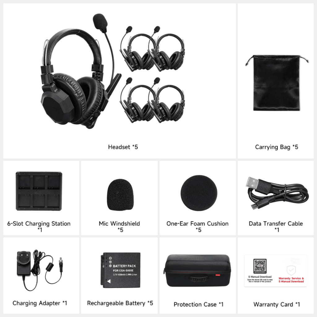 Intercomunicador Inalámbrico Binaural / Cancelación de Ruido IA / Rango 500 m (1640 ft) / Bluetooth / Batería 1050mAh / Resistente a Lluvia / Kit 5 Unidades