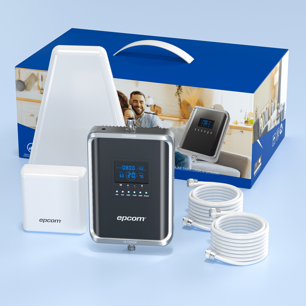 Kit Amplificador de Señal Celular 2G, 3G, 4G y 5G / Mejora llamadas convencionales y VoLTE / Amplifica señal de TELCEL, AT&T, MOVISTAR, BAIT,DiRi y más / Cubre hasta 300 m² con una antena y hasta 600 m² con 2 antenas.