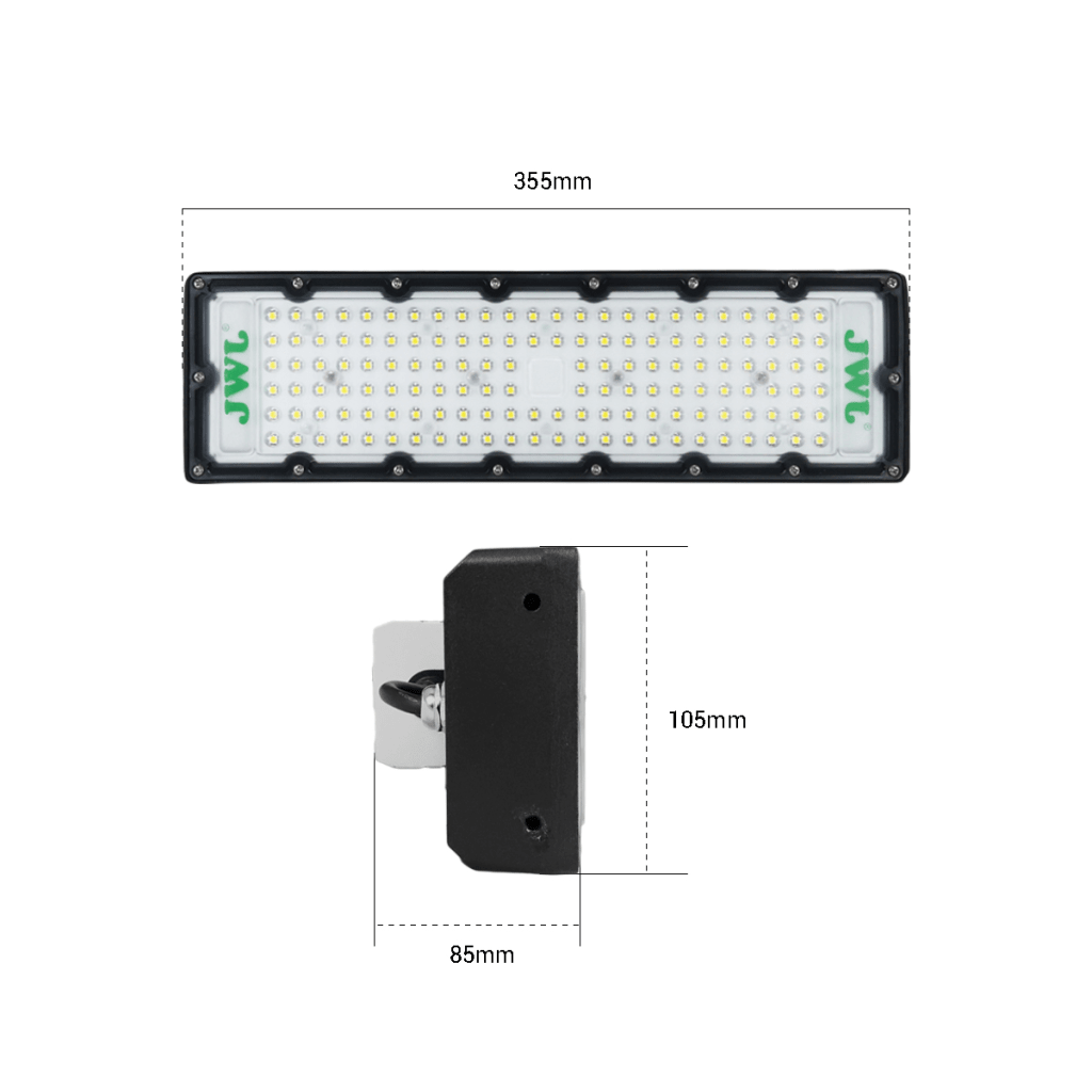 Reflector LED 100 W /350 x 100 mm / 85 - 265 Vca~ 50/60Hz / TCC 6 500 K / Uso en exterior.
