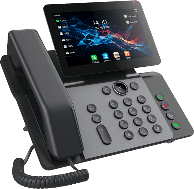 Teléfono IP Empresarial V66 Prime, Pantalla Táctil Color 7 Pulgadas, Audio HD Opus, Video 1080p, Wi-Fi 6, Bluetooth 5.4, 20 Líneas SIP, 6-Way Conference, PoE, Material Antibacterial