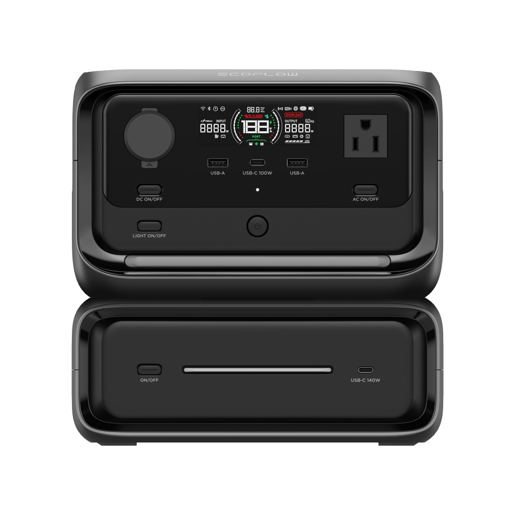 EcoFlow River 3 Plus | Estación de Energía Portátil 572Wh Litio LFP / 4 AC 800W (Max. 1600W) / 1 USB-C 100W / 3 USB -A 12W / Cargador de Coche 10A, 126W Max. / Conectividad WiFi y Bluetooth (App) / Carga Solar 220W Max.