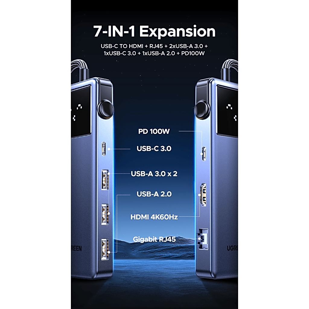 Hub USB-C 7 en 1 / USB-C a HDMI 4K 60Hz / 2x USB-A 3.0 + USB-C 3.0 + USB-A 2.0 / Gigabit Ethernet / PD 100W / Cable 20 cm (7.9 in)