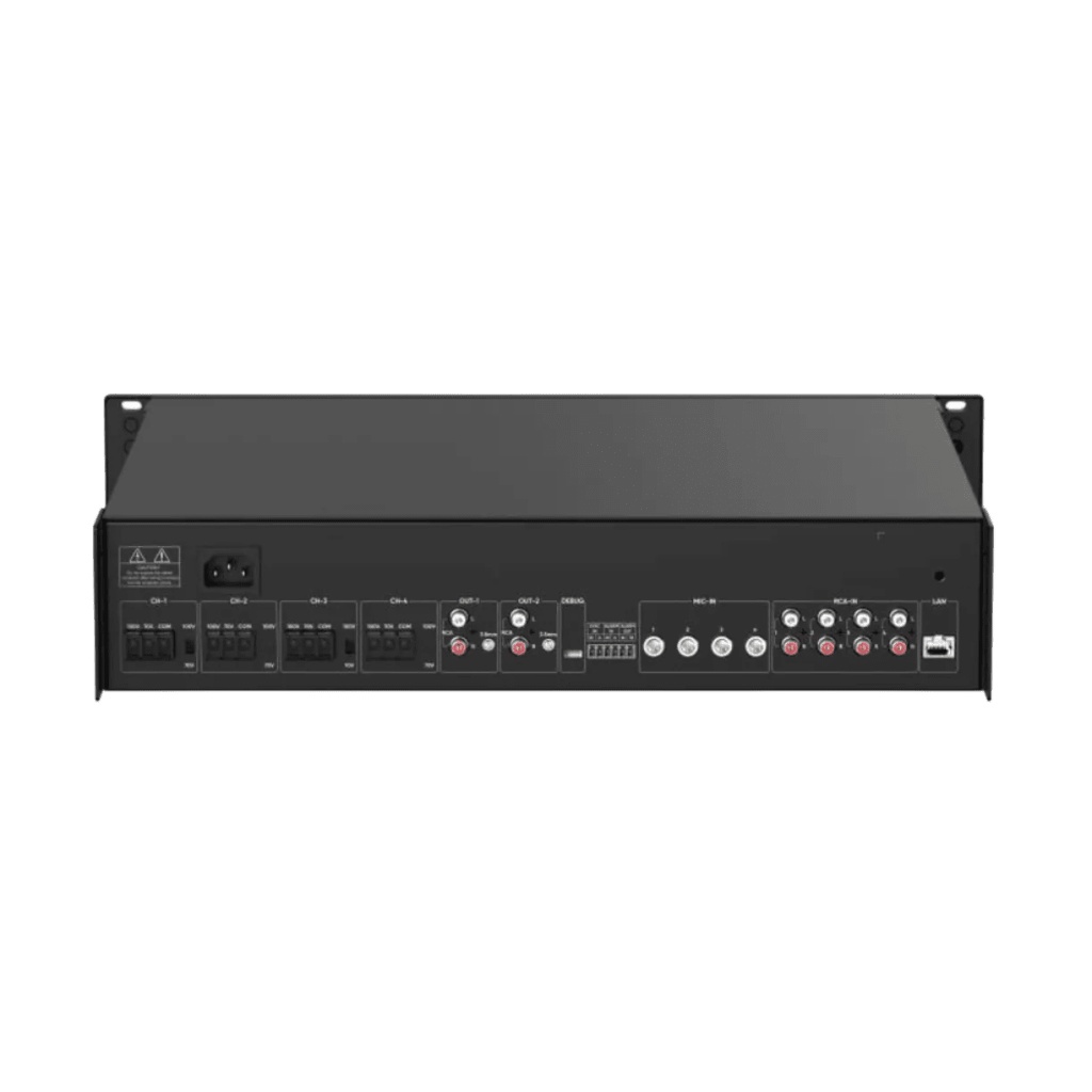 Amplificador de Red | 4 Zonas de 250W | 100V/70v | Calendarización de eventos | Biblioteca de Materiales de Audio | Entrada de Alarma | Hik-Connect /Hikcentral profesional