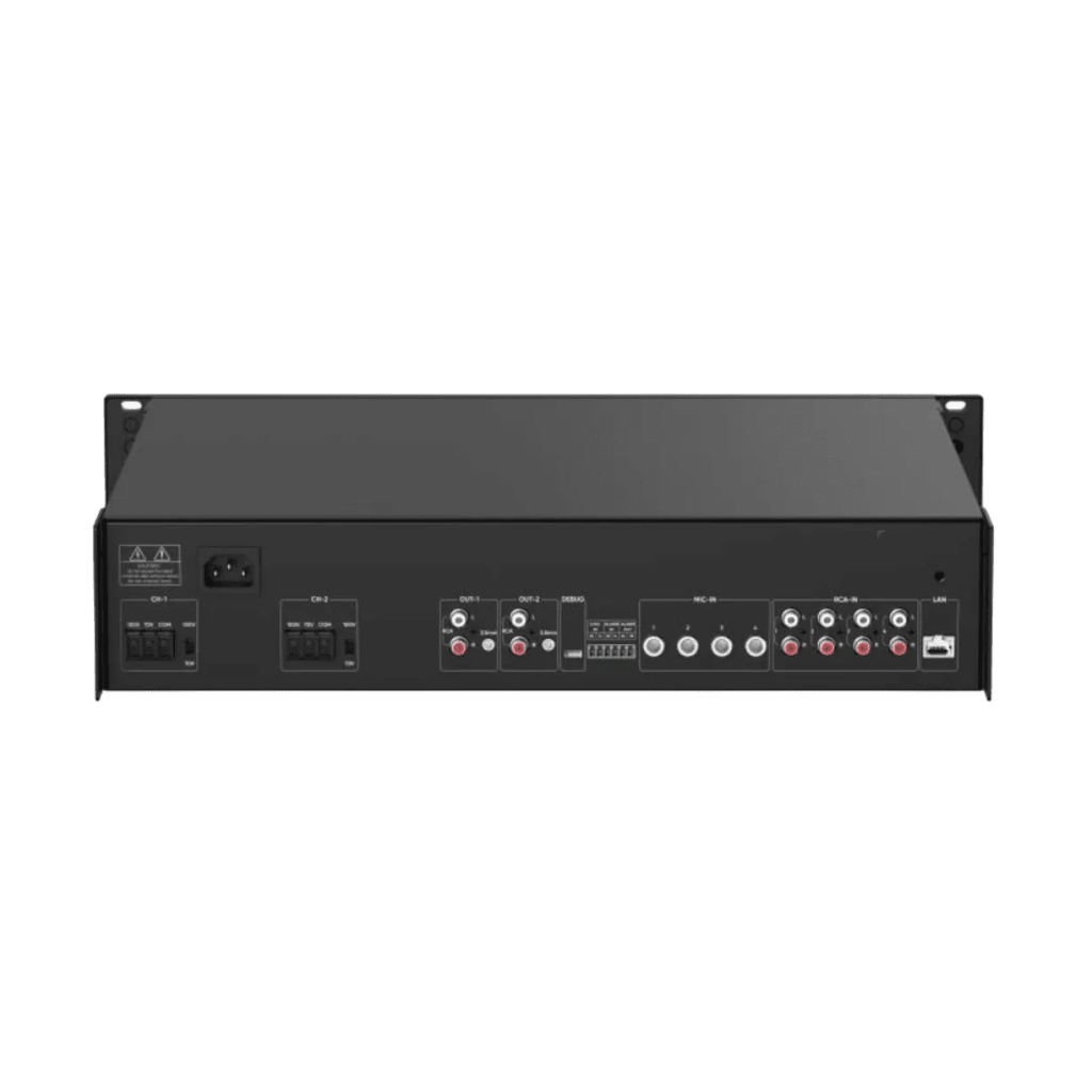 Amplificador de audio | 2 zonas de 250W | 100V/70V | Calendarización de eventos | Biblioteca de Materiales de Audio | Entrada de Alarma | Hik-connect /Hikcentral profesional