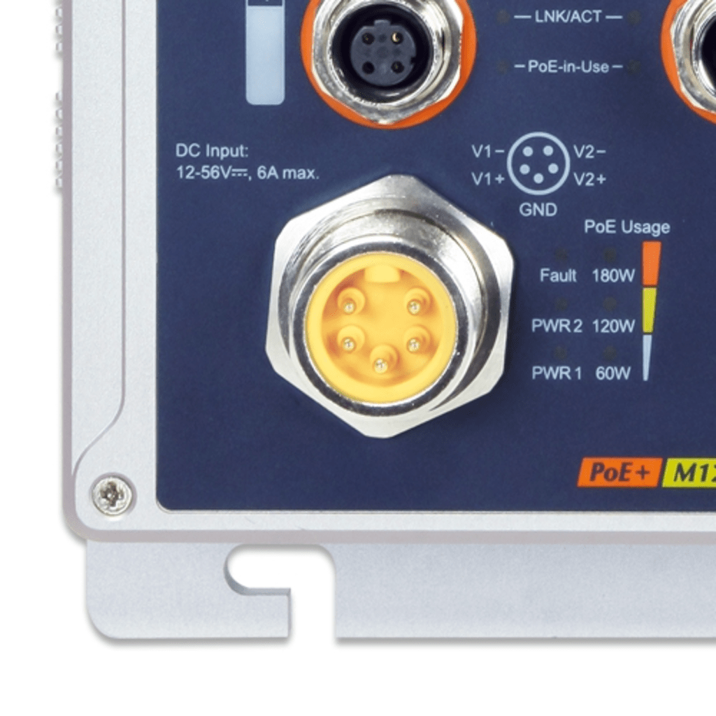 Switch Industrial IP67 8 Puertos 10/100TX M12 / IEEE 802.3at PoE+ / 180W PoE Budget / -40~75°C / Aluminio / DIN-Rail y Montaje en Pared / Protección ESD y Sobretensiones de 6KV