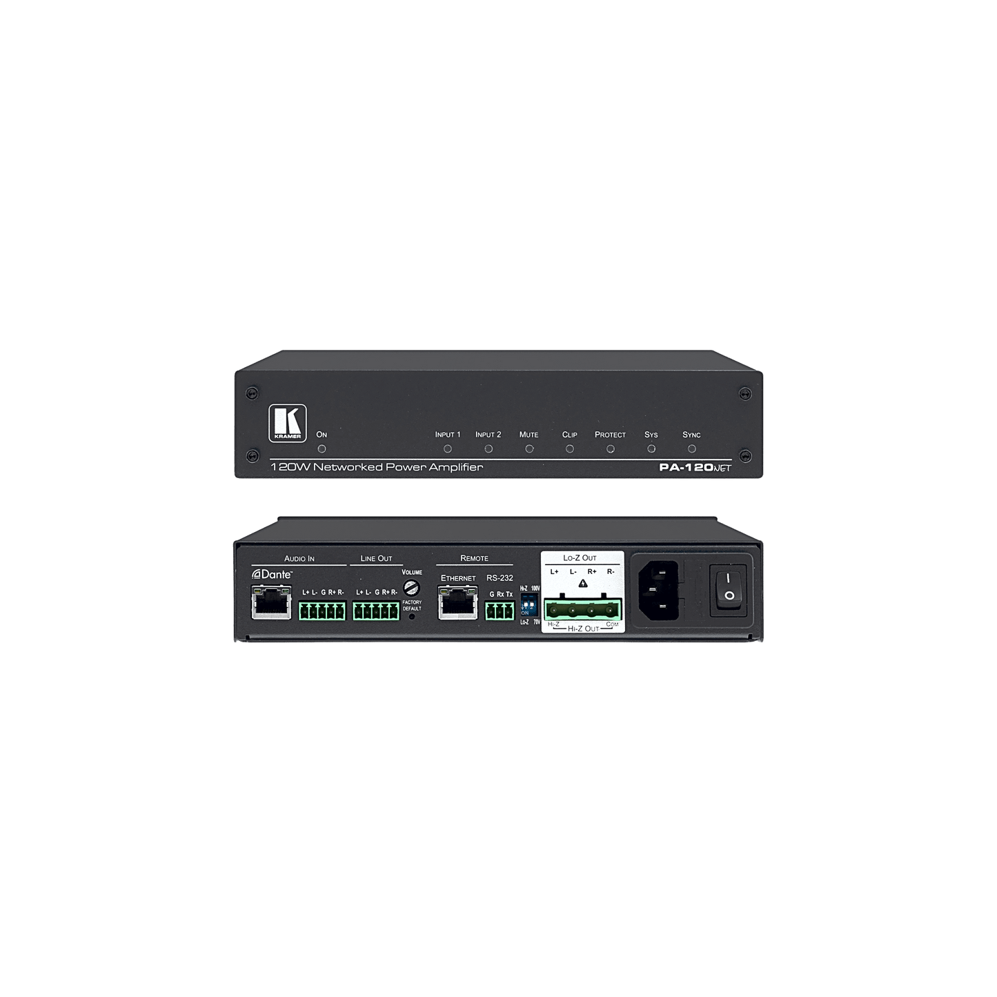 Amplificador de Potencia | 120W | Dante | DSP Integrado | Hi-Z 70V-100V | Lo-Z 4Ω-8Ω | RS-232 | Control IP
