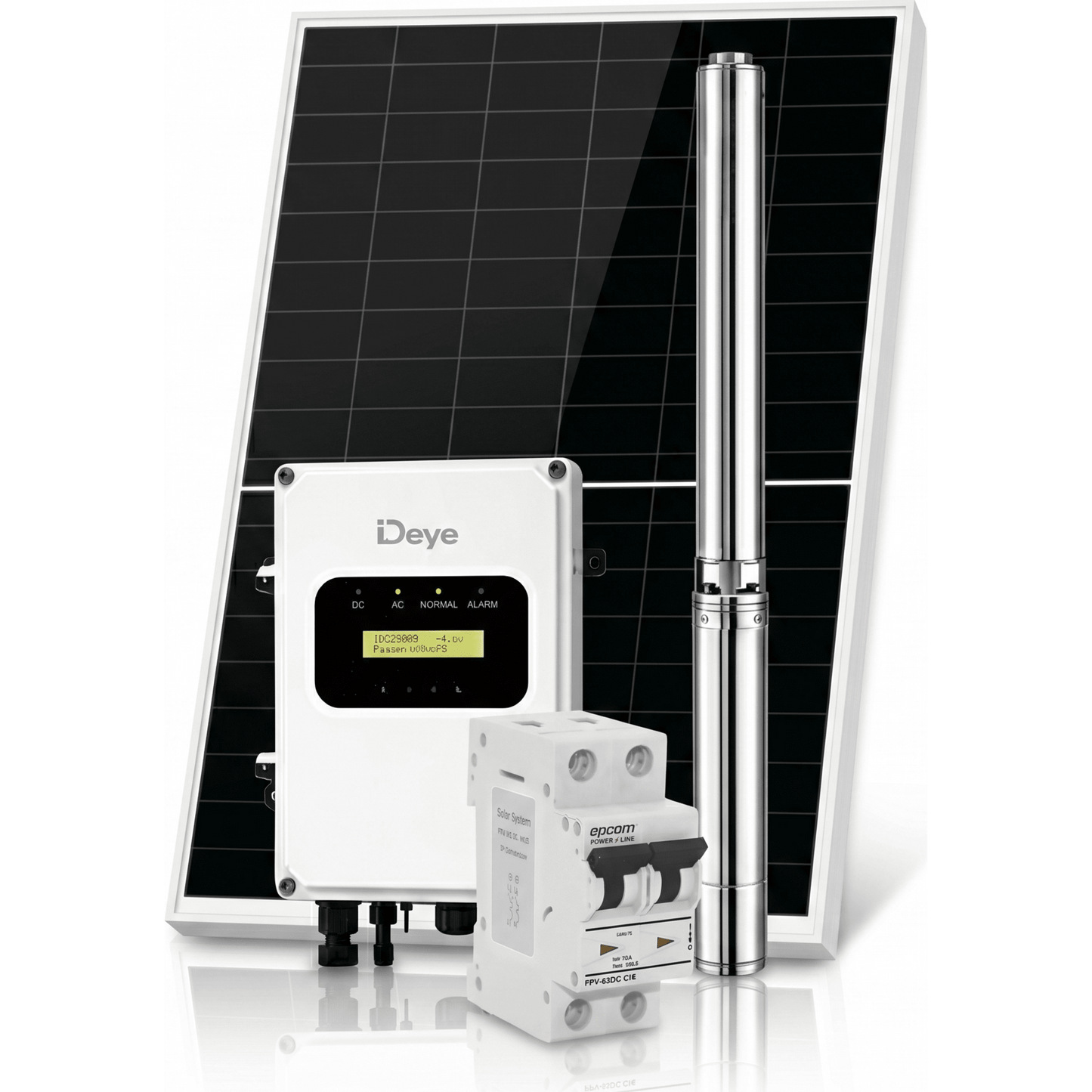 Kit de Bombeo Solar 2200W (3 HP) / Bomba Sumergible con Controlador Híbrido AC/DC 136-264VAC / 108-403VCD / 5 Módulos Solares 540W / Interruptor Termomagnético 2P 20A 800V CC / Protector de Descargas Atmosféricas / Gabinete IP66