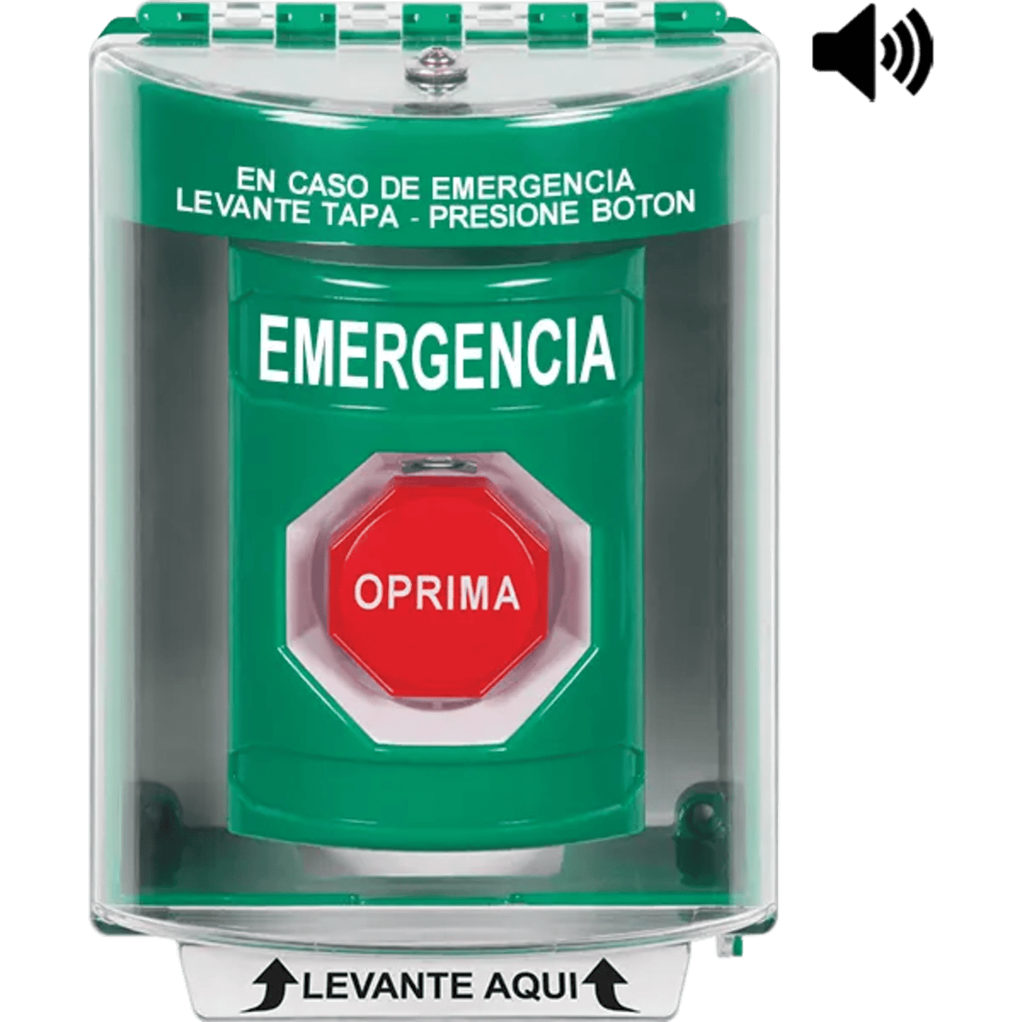 Botón Multipropósito, Color Verde, De Superficie con Espaciador, C/Tapa De Policarbonato, C/Bocina Pre Alarma, Interior/Exterior, Llave Para Restablecer, Texto De Emergencia, Español