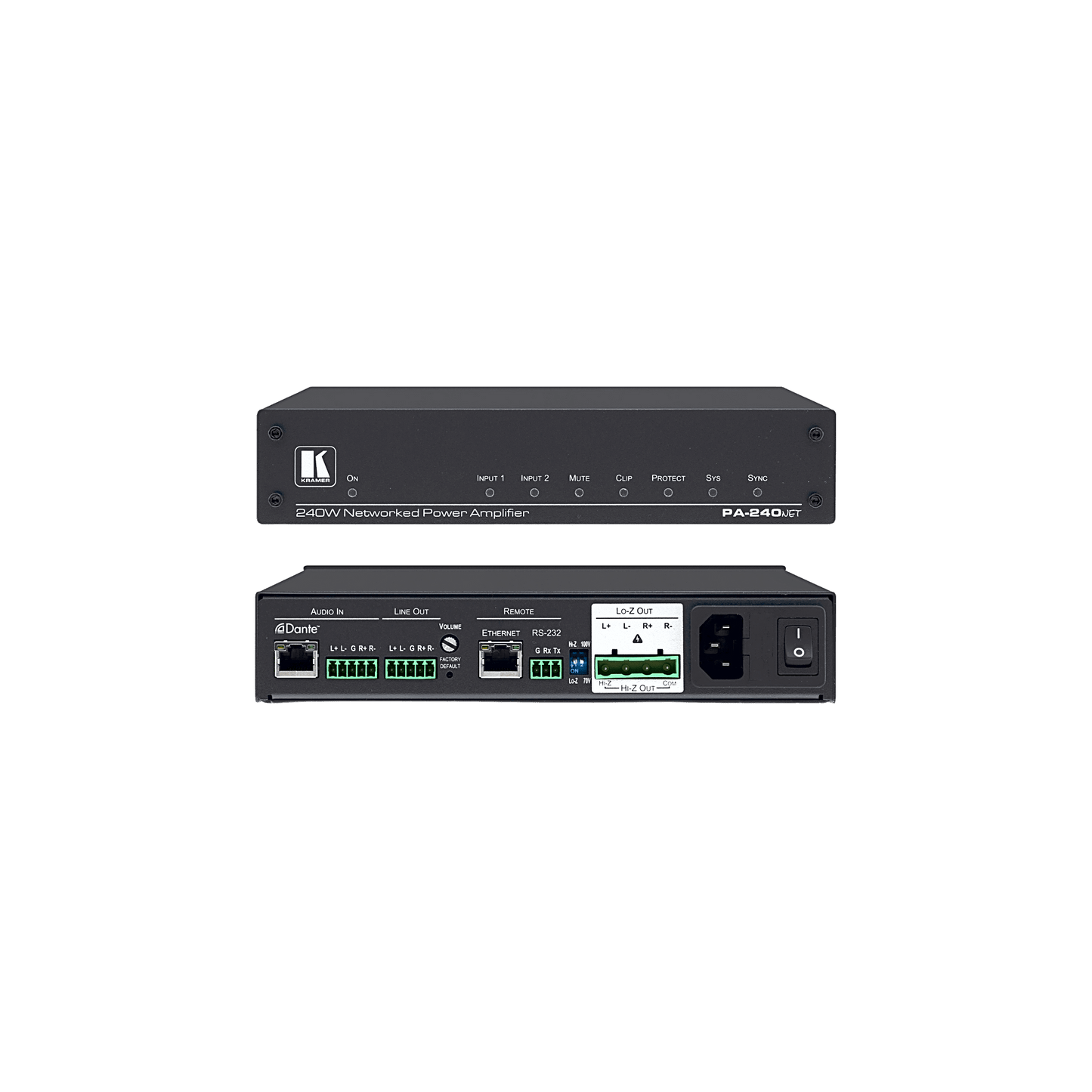 Amplificador de Potencia | 240W | Dante | Hi-Z Lo-Z Seleccionable | DSP Integrado | 32 bits 96 kHz | RS-232 IP Control