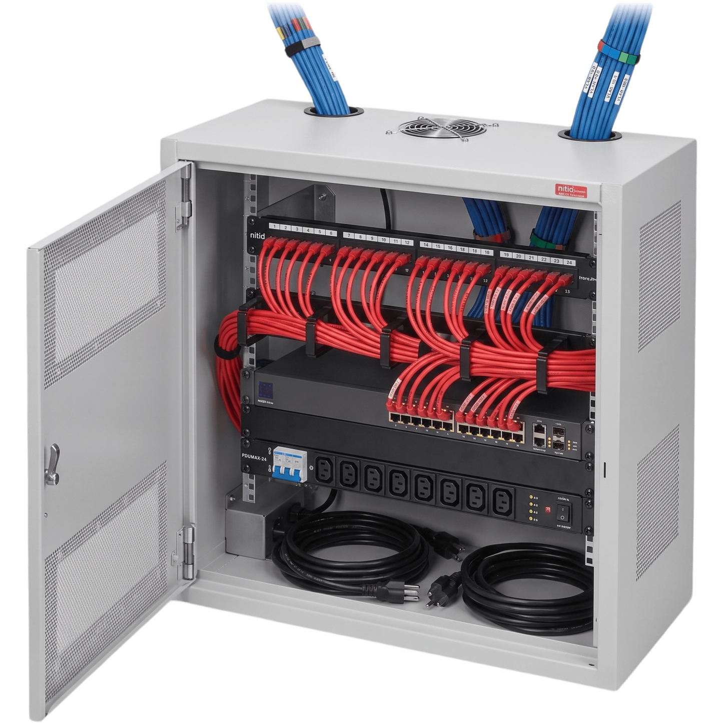 Gabinete Rack Horizontal D-Box, 4U, Acero Gris Claro RAL 7035, 48.00 x 24.00 x 8.00 pulgadas, Puerta Reversible 120°, Montaje Minorista, Sistema de Cierre, Ventilación y Cableado Integrado