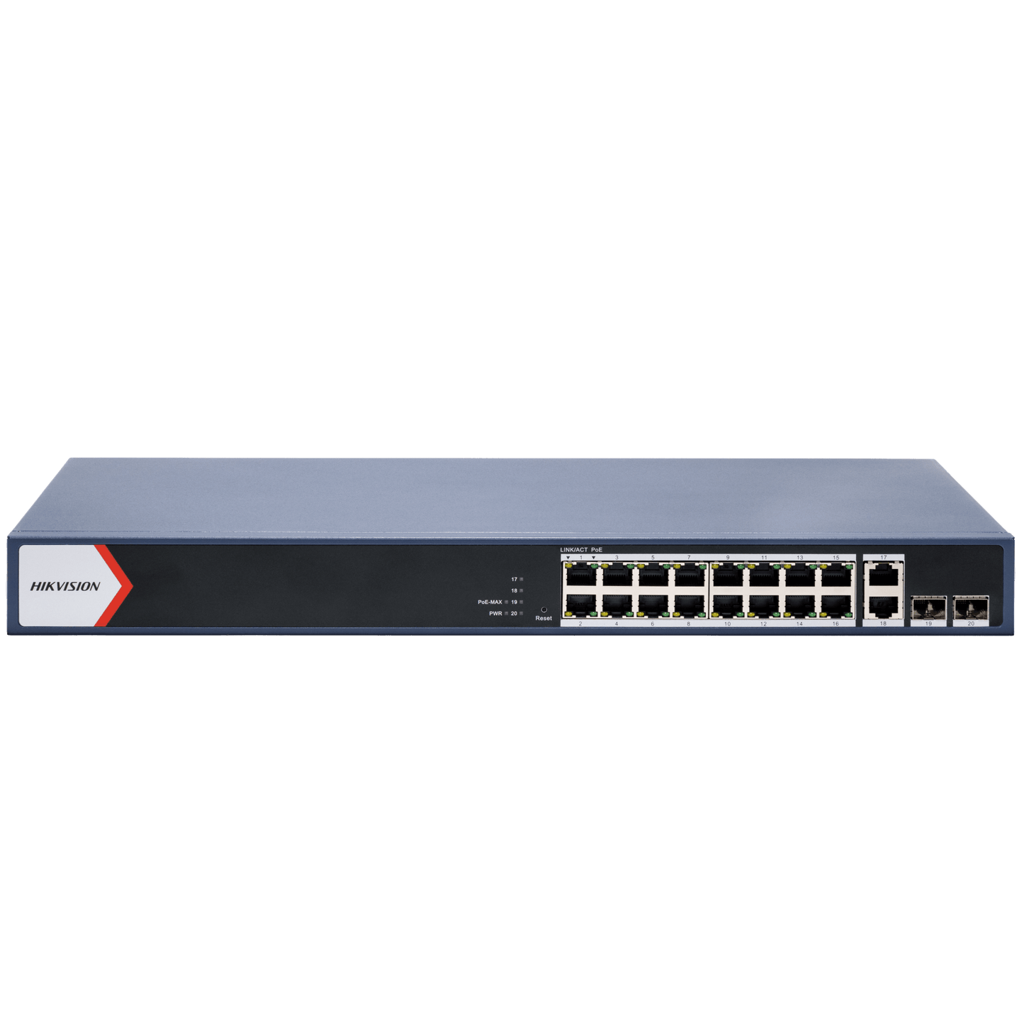Switch Gigabit PoE+ / Monitoreable / 16 Puertos 1000 Mbps PoE+ / 2 Puerto 1000 Mbps de Uplink / 2 Puerto SFP / Configuración Nube desde Hik-PartnerPro / Modo Extendido hasta 300 Metros / 125 Watts