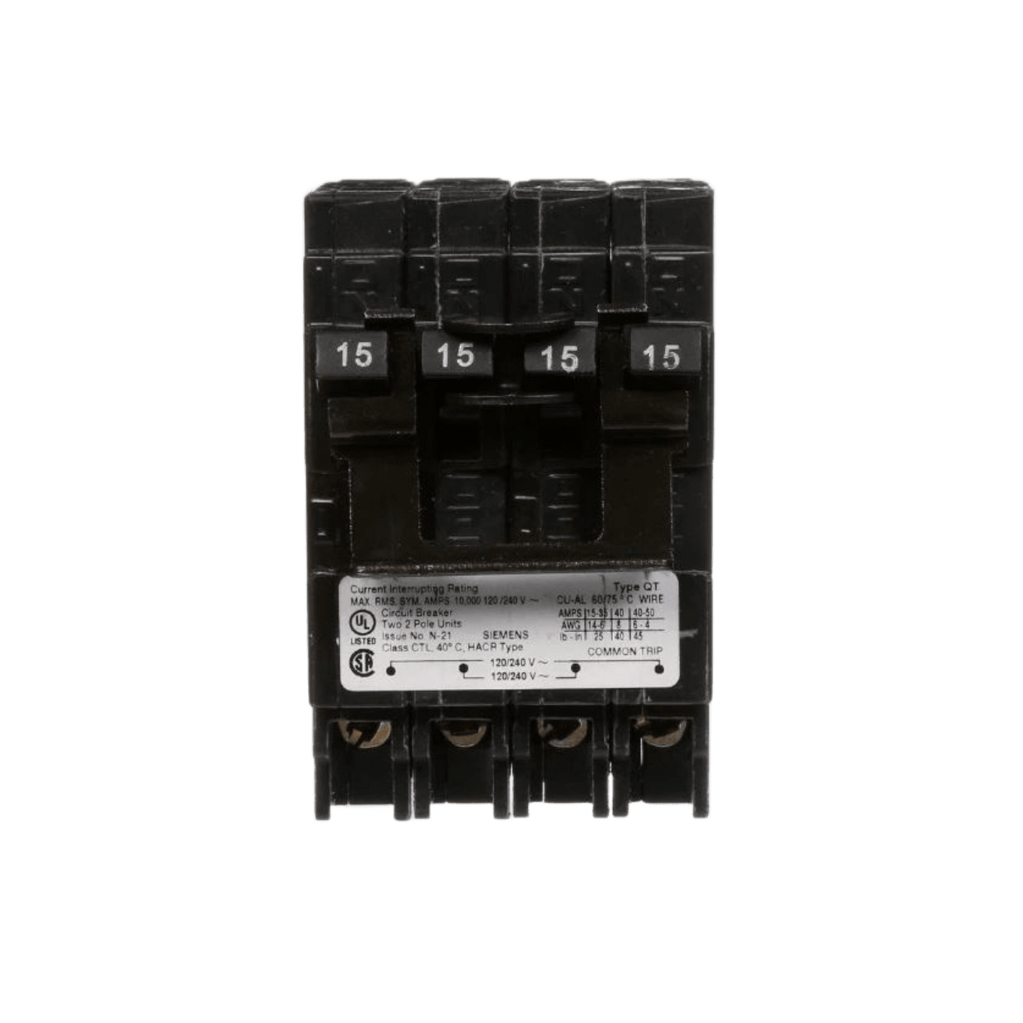 Interruptor automático TRIPLEX enchufable tipo QT 2 polos simples, 1 polo doble, 15-15 amp