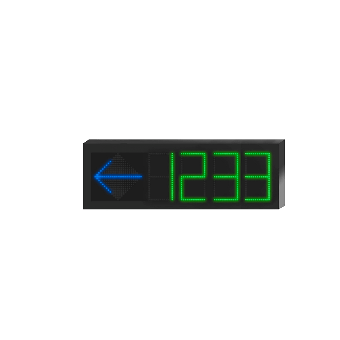 Pantalla de Orientación para Estacionamiento Interior Unidireccional / 4 Dígitos Numéricos / LED 7-8 mm Pitch / 3800 cd/m² de Luminancia / 110° Ángulo de Visión / Comunicación RJ45 RS485 / Iconos Multicol