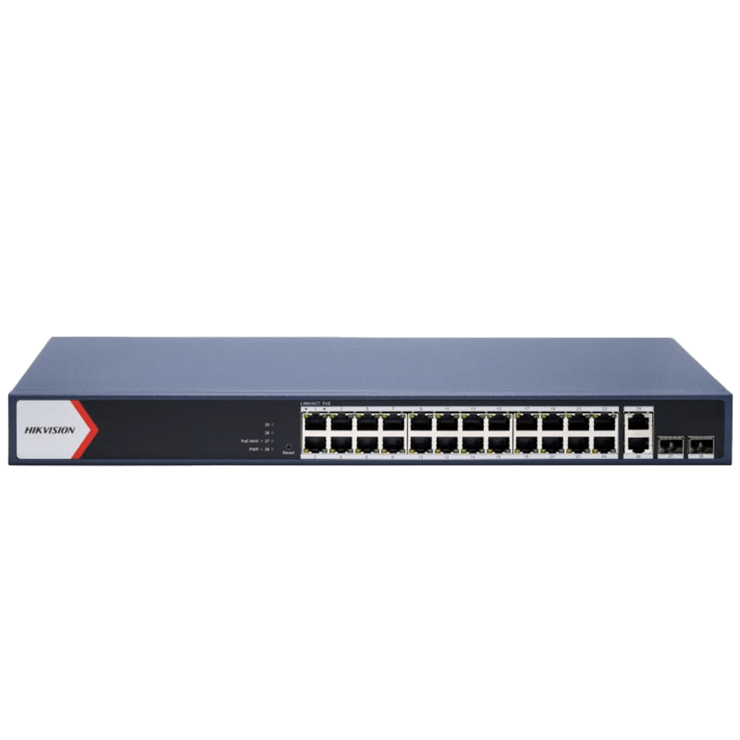 Switch Gigabit PoE+ / Administrable / 24 Puertos 1000 Mbps PoE+ / 2 Puertos 1000 Mbps Uplink / 2 Puertos SFP Uplink / Configuración Nube Hik-Partner Pro / Modo Extendido hasta 300 Metros / 230 W