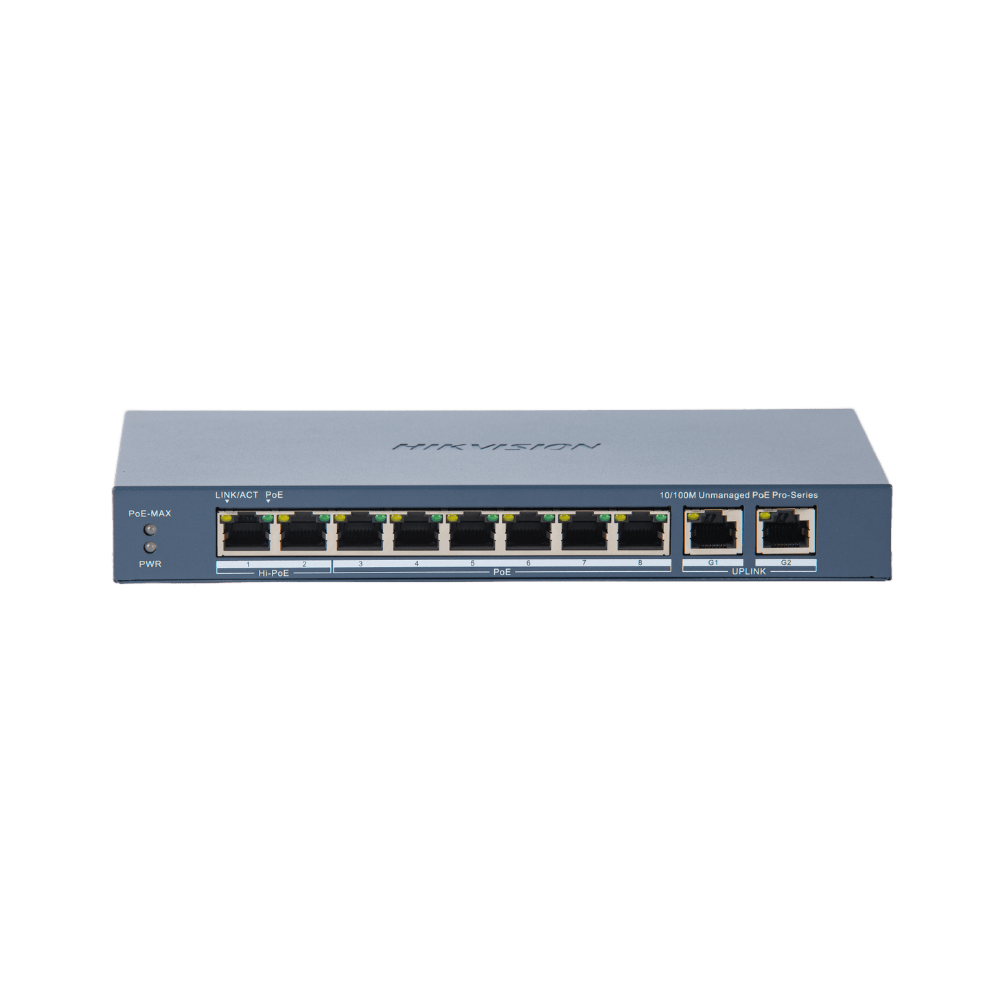 Switch PoE+ / No Administrable / 7 Puertos 10/100 Mbps 802.3 af/at (30 W) / 1 Puerto 10/100 Mbps Hi-PoE (90 W) / 2 Puertos 1000 Mbps Uplink / Modo Extendido hasta 300 Metros / 110 Watts