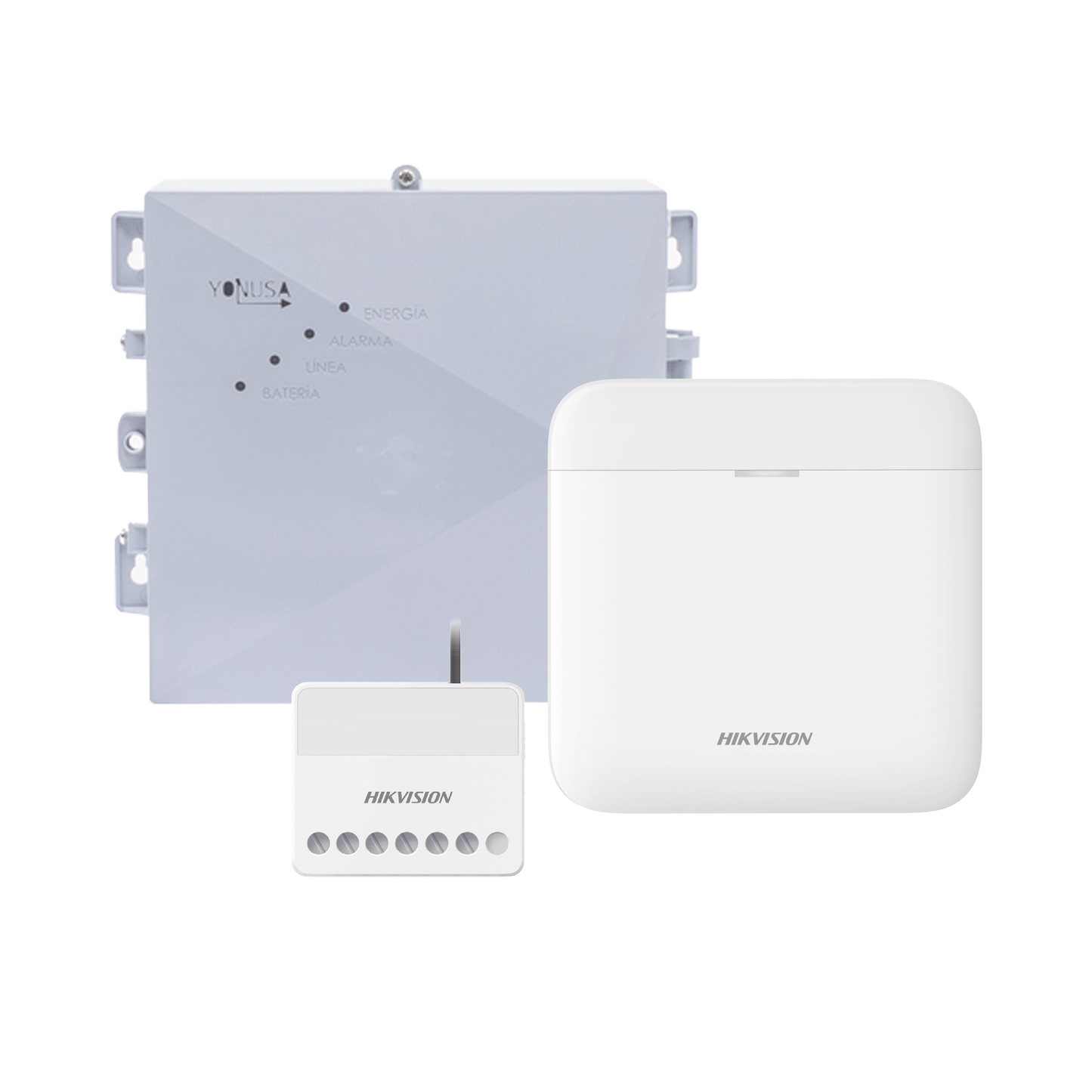 (AX PRO + YONUSA) KIT de Alarma AX PRO / Incluye: 1 Hub con bateria de respaldo / 1 Energizador 2500Mts Lineales / 1 Relevador 0 a 36 Vcc (Max. 5 A) con Entrada de Alarma 27/7