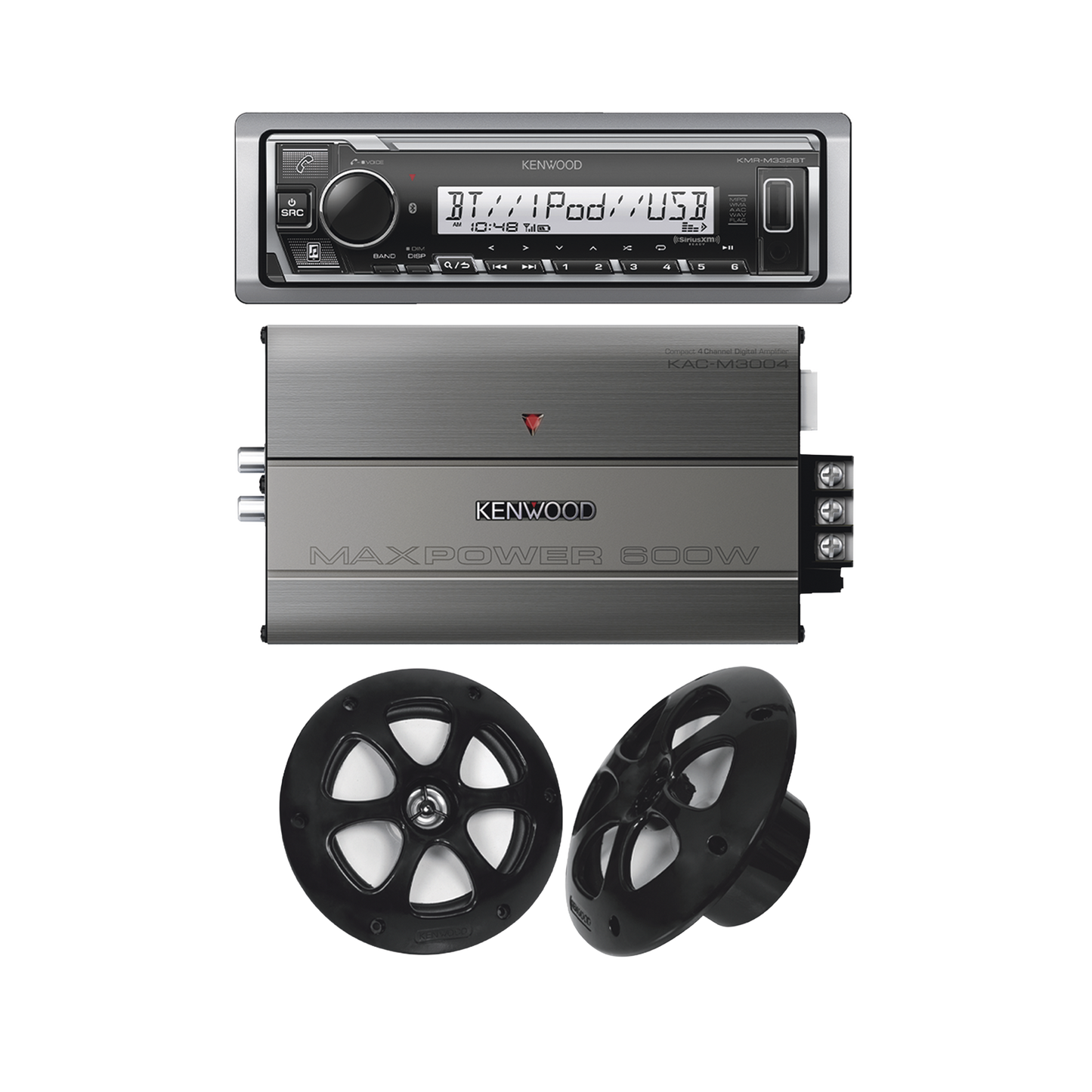 Kit de estereo con Bluetooth KMR-M332BT | Amplificador KAC-M3004 | mas Par de bocinas KFC-1613MRB
