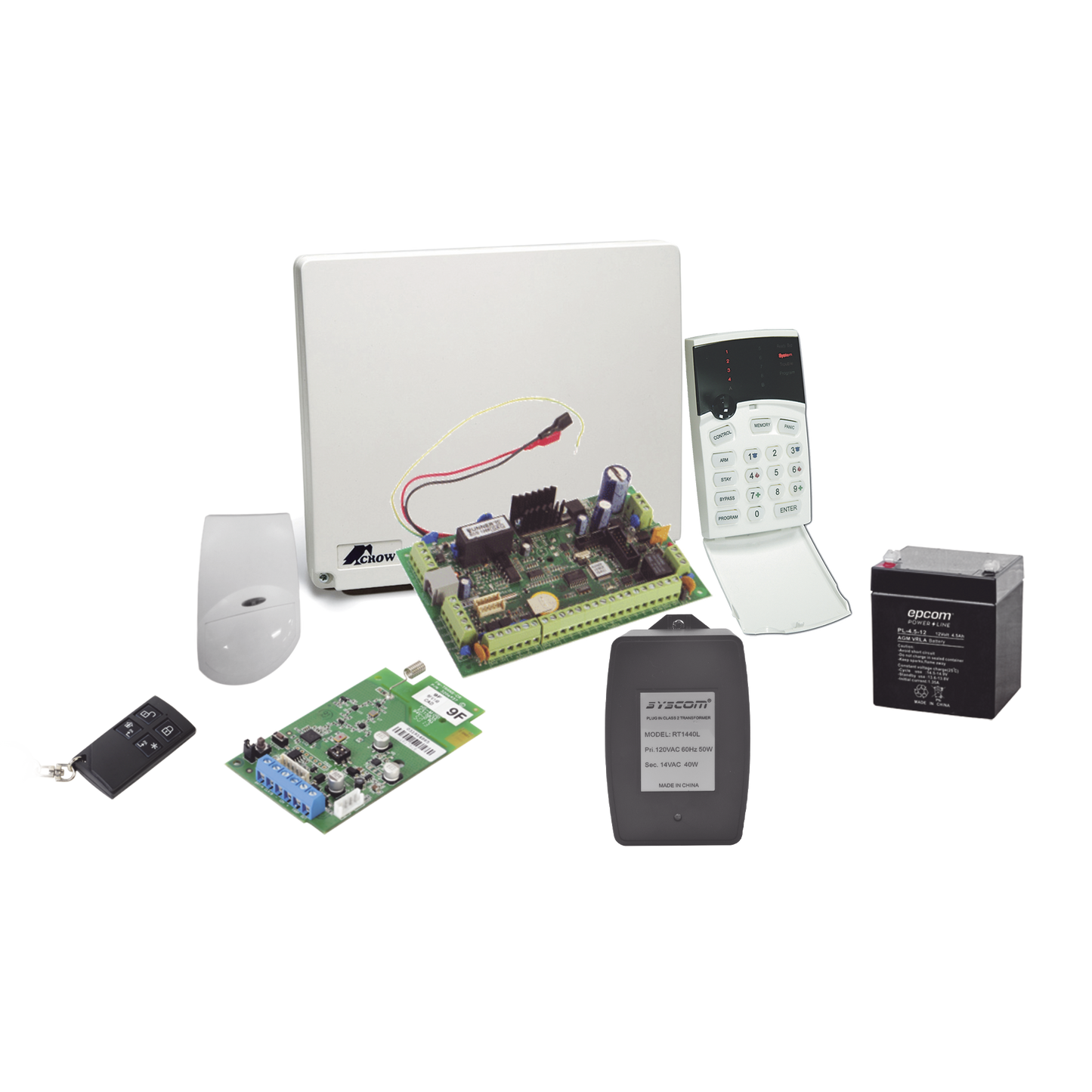 Kit de alarma de 8 a 16 zonas híbrido incluye: sensor de movimiento inalámbrico, receptor inalámbrico, 2 contactos magnéticos inalámbricos y control remoto inalámbrico.