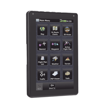 Navegador portátil aera 760, muestra información de trafico aéreo y una excelente visualización por medio de su  pantalla con visión 3D  touch screen.