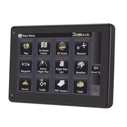 Navegador portátil aera 760, muestra información de trafico aéreo y una excelente visualización por medio de su  pantalla con visión 3D  touch screen.