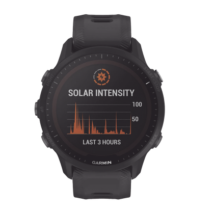 Reloj Garmin Forerunner 955 solar color negro en correa de silicón, con funciones premium de entrenamiento.