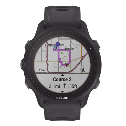 Reloj Garmin Forerunner 955 solar color negro en correa de silicón, con funciones premium de entrenamiento.