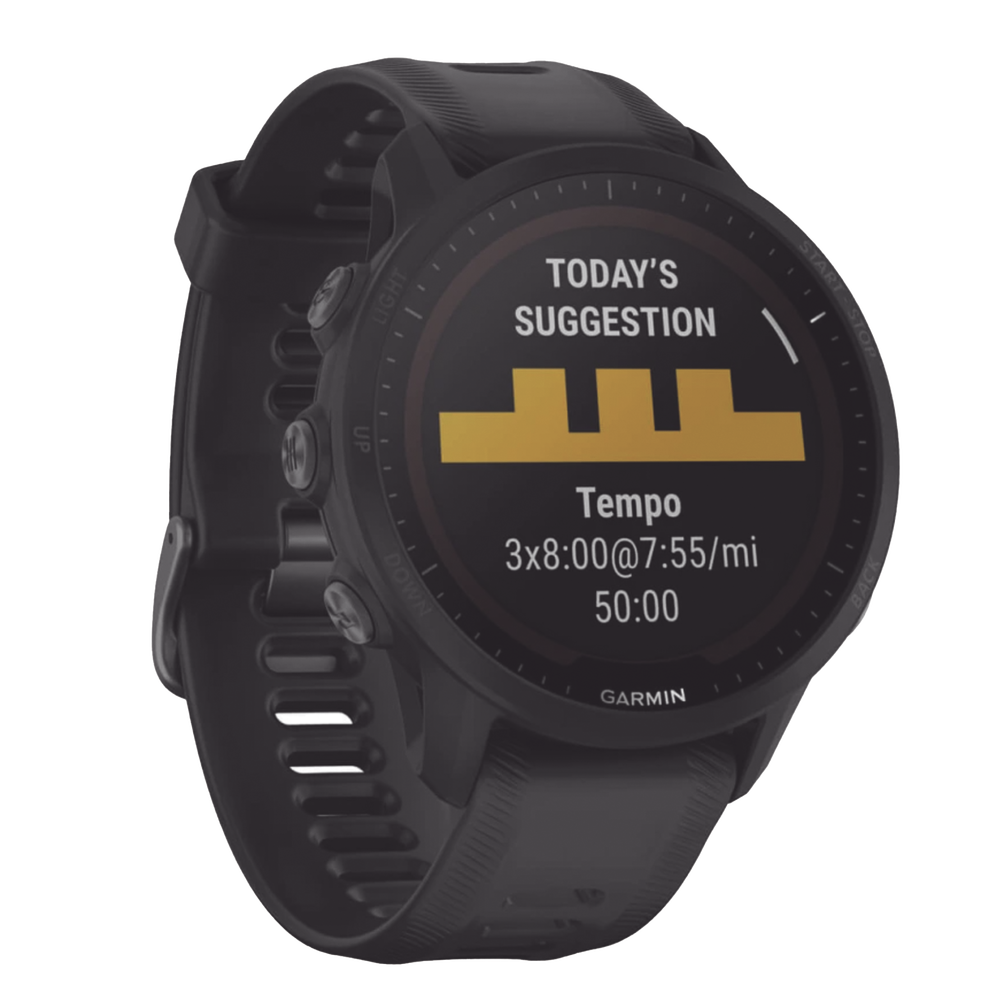 Reloj Garmin Forerunner 955 solar color negro en correa de silicón, con funciones premium de entrenamiento.