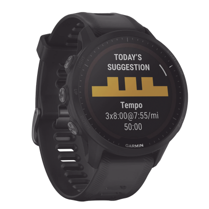 Reloj Garmin Forerunner 955 solar color negro en correa de silicón, con funciones premium de entrenamiento.