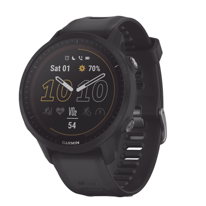 Reloj Garmin Forerunner 955 solar color negro en correa de silicón, con funciones premium de entrenamiento.