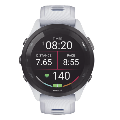 Forerunner® 265, Bisel negro con carcasa en blanco y correa de silicona en blanco/azul