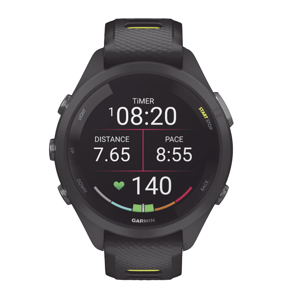 Forerunner® 265S, Bisel y carcasa en negro con correa de silicona en negro/amarillo