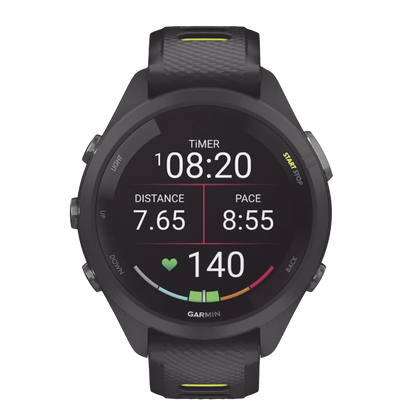 Forerunner® 265S, Bisel y carcasa en negro con correa de silicona en negro/amarillo