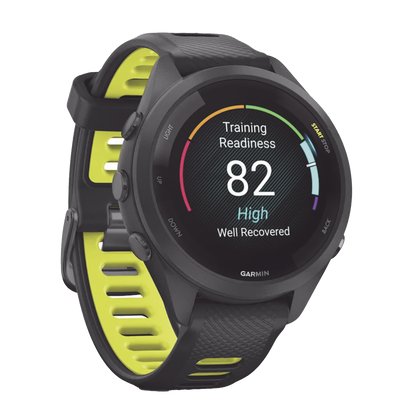 Forerunner® 265S, Bisel y carcasa en negro con correa de silicona en negro/amarillo