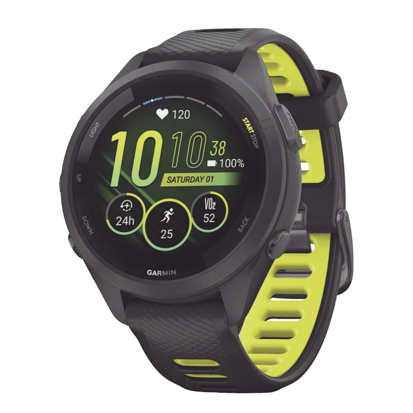 Forerunner® 265S, Bisel y carcasa en negro con correa de silicona en negro/amarillo