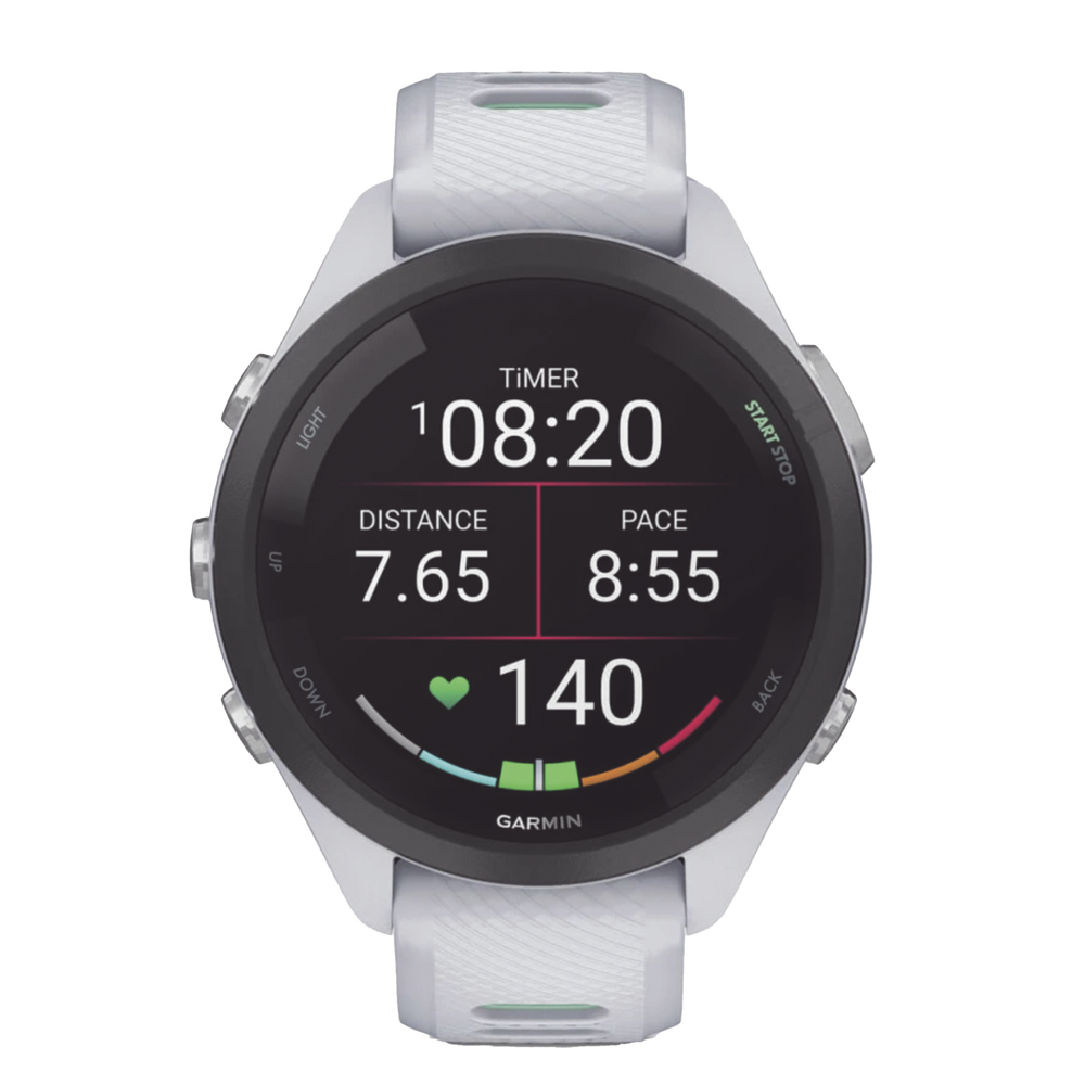 Forerunner® 265S, Bisel negro con carcasa en blanco y correa de silicona en blanco/verde