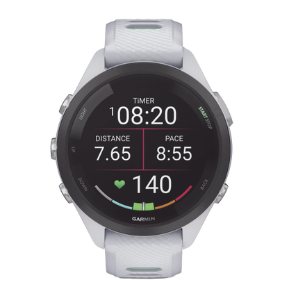 Forerunner® 265S, Bisel negro con carcasa en blanco y correa de silicona en blanco/verde