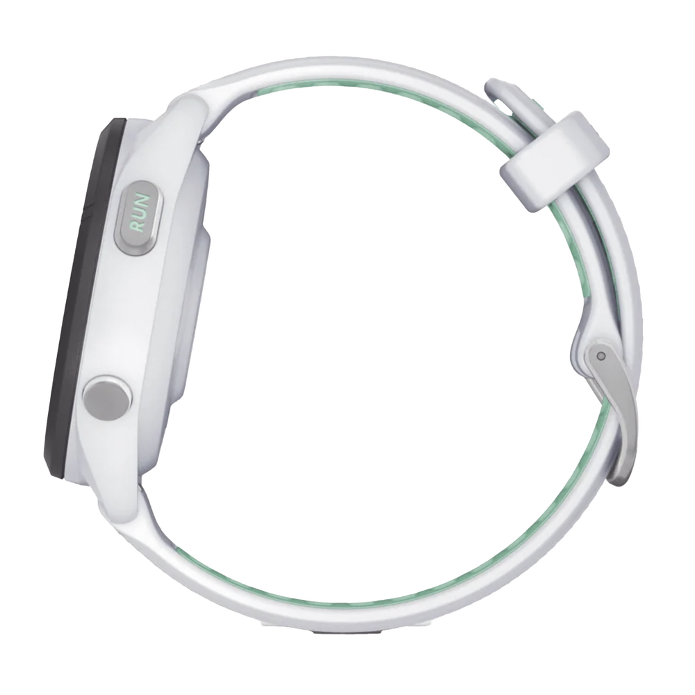 Forerunner® 265S, Bisel negro con carcasa en blanco y correa de silicona en blanco/verde