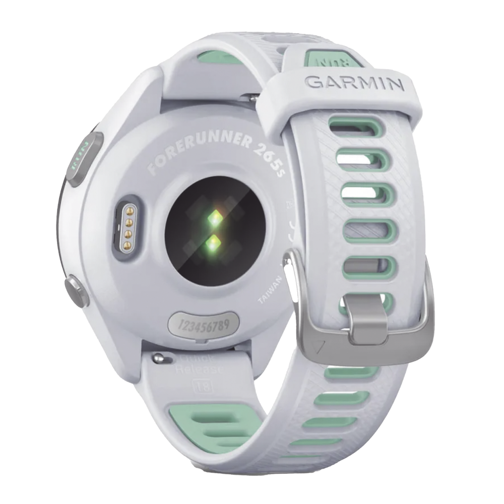 Forerunner® 265S, Bisel negro con carcasa en blanco y correa de silicona en blanco/verde