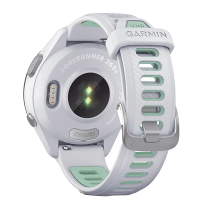 Forerunner® 265S, Bisel negro con carcasa en blanco y correa de silicona en blanco/verde