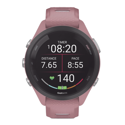 Forerunner® 265S, Bisel negro con carcasa en rosa y correa de silicona en rosa/gris