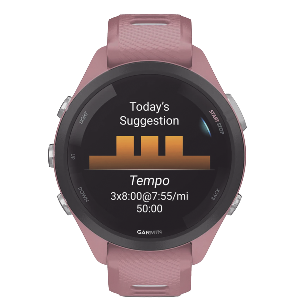 Forerunner® 265S, Bisel negro con carcasa en rosa y correa de silicona en rosa/gris