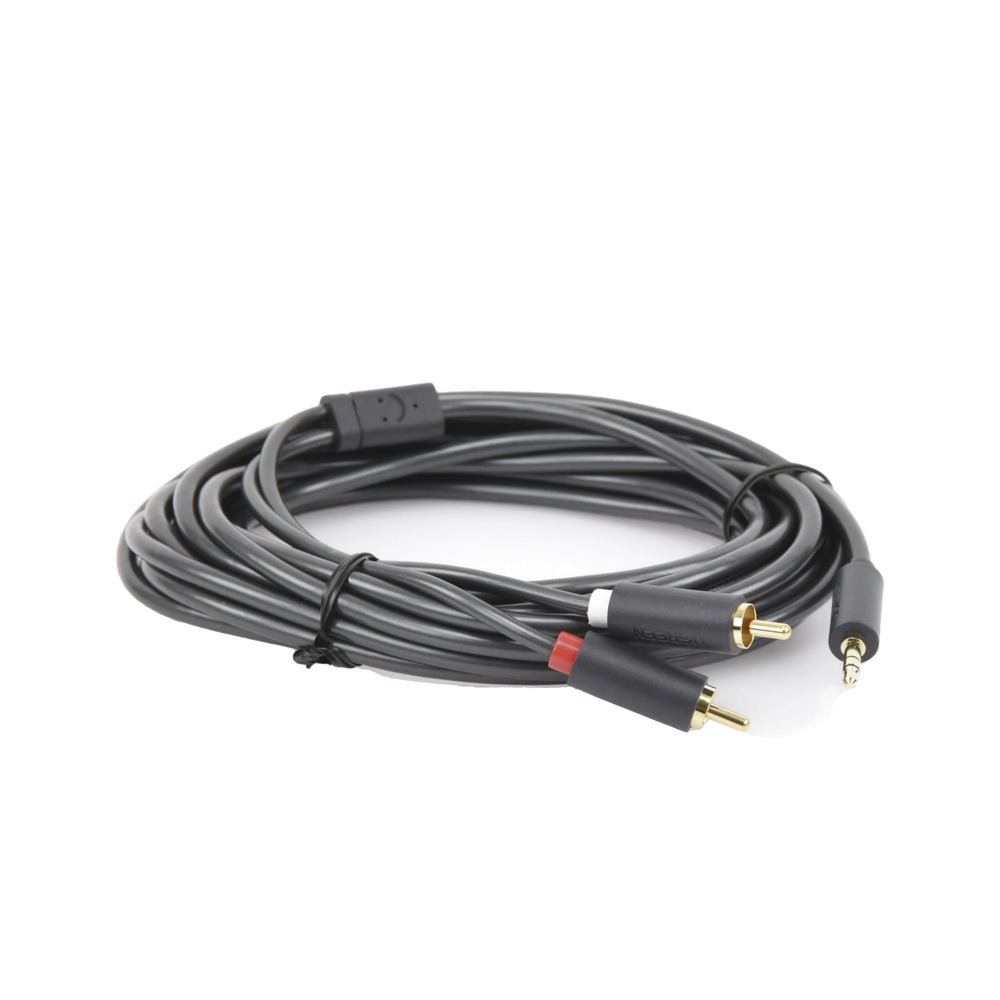 Cable Adaptador de 3.5mm Macho a 2 RCA Macho / 5 Metros (16.40 Pies) / Color Gris / Blindaje Múltiple / ABS / Alta Calidad