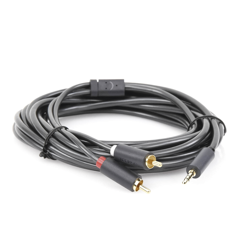 Cable Adaptador de 3.5mm Macho a 2 RCA Macho / 5 Metros (16.40 Pies) / Color Gris / Blindaje Múltiple / ABS / Alta Calidad