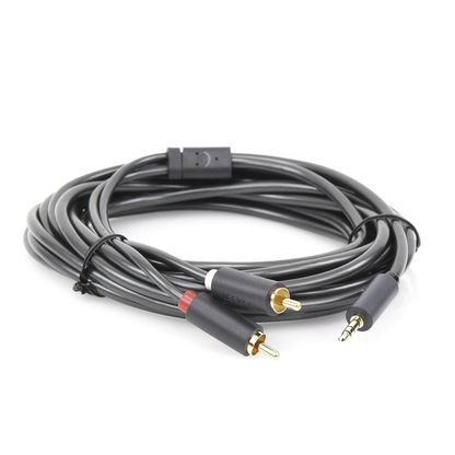 Cable Adaptador de 3.5mm Macho a 2 RCA Macho / 5 Metros (16.40 Pies) / Color Gris / Blindaje Múltiple / ABS / Alta Calidad