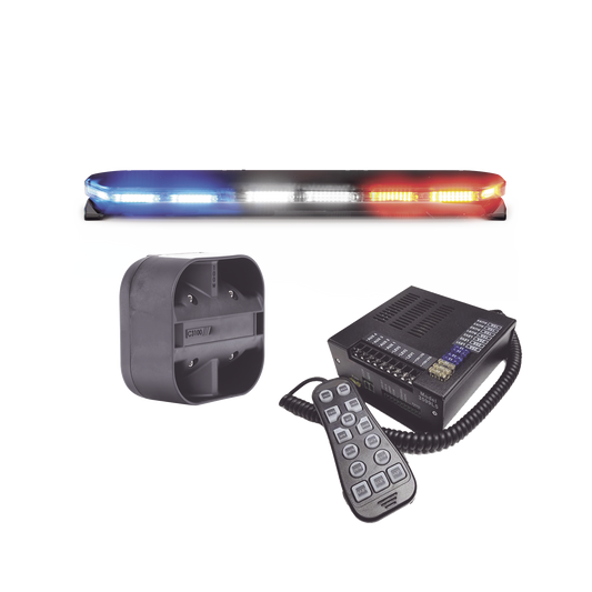 Kit de Sirena, Bocina y Torreta de 47", Serie 16 con 300 LEDs, Dual Color, Frente: Rojo/Blanco, Azul/Blanco, Trasero: Rojo/Ámbar, Azul/Ámbar