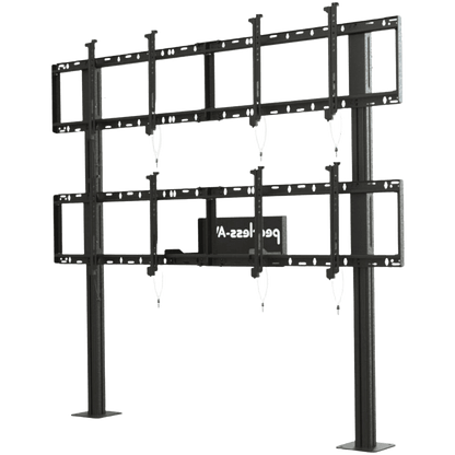 Soporte Modular para Video Wall Pedestal 2x2 / Ajuste Micro Sin Herramientas / 8 Puntos de Alineación / Capacidad 500 lb / VESA 200x200 a 600x400 mm / Estructura Aluminio / Gestión Cableado Integrada / Almacenamiento Multimedia