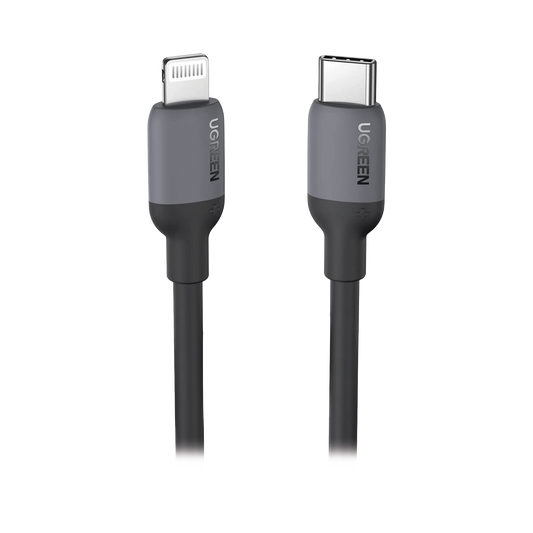 Cable USB-C a Lightning / Certificado MFi / 1 Metro / Adecuado para iPhone, iPad, iPod / Carga Rápida PD 20W /  Sincronización de Datos de hasta 480 Mbps / Goma de Silicona y  TPE. / Suave al Tacto / Color Negro